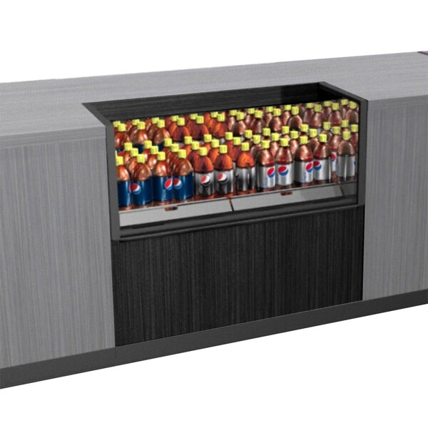A black Structural Concepts counter height display case filled with soda bottles.
