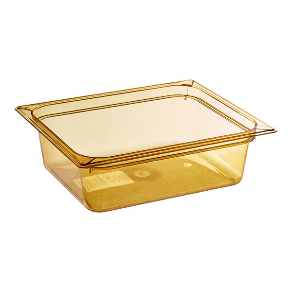 A Carlisle amber plastic food pan with a lid.