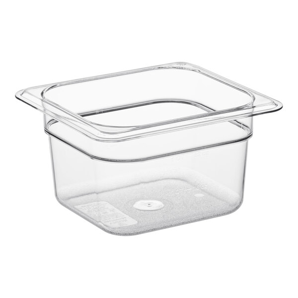 A clear plastic Turbo Air 1/6 size food pan with a lid.
