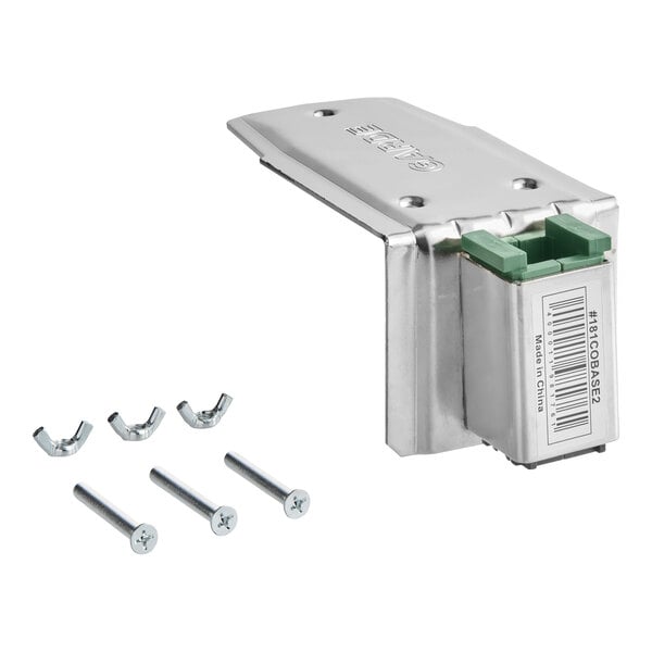 A plated steel standard duty manual can opener base with included screws and wing nuts.