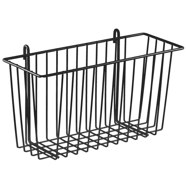 A Metro smoked glass storage basket for wire shelving with a handle.