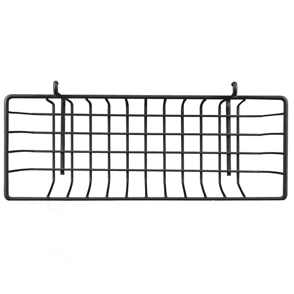 A Metro smoked glass storage basket for wire shelving on a black wire shelf.