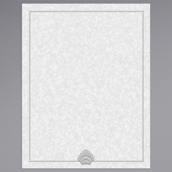 A white rectangular paper with a blue shell border.