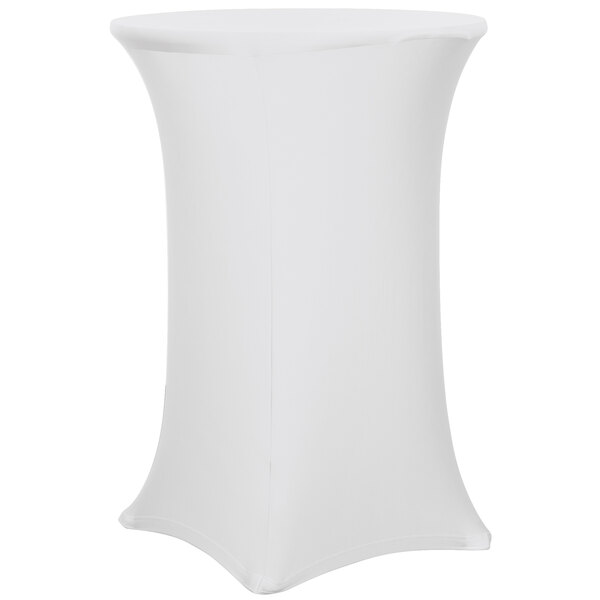 A white Snap Drape Contour table cover on a round bar height table.