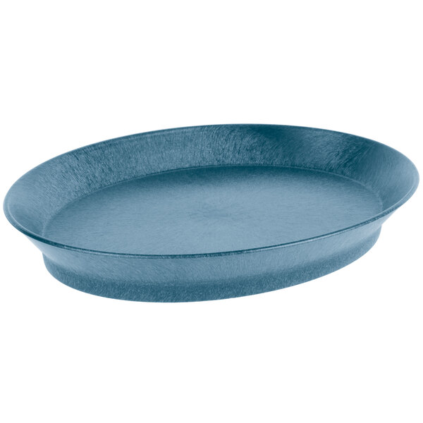 A blue oval deli server with a short base.