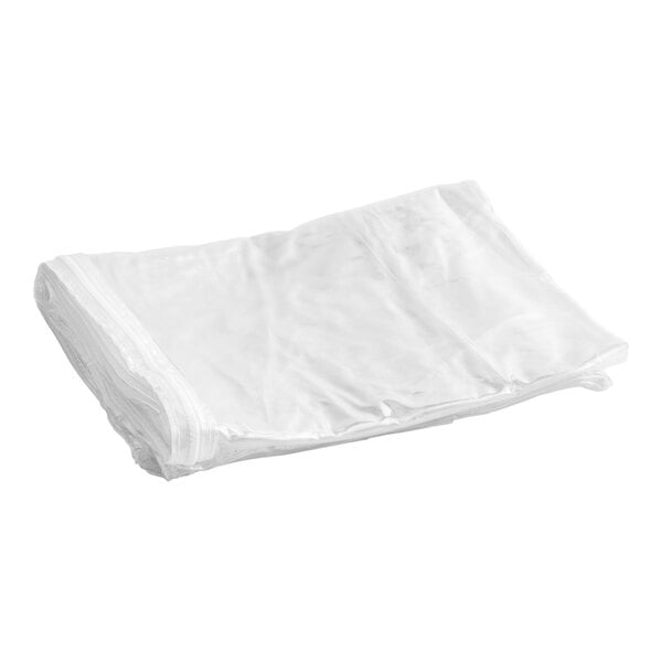 A clear plastic bun pan rack cover with three zippers, measuring 33 3/4 inches and 8 mil thick.