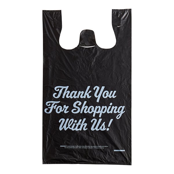 A black plastic Choice T-shirt bag with white "Thank You" text.