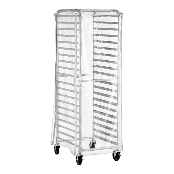 A clear plastic bun pan rack cover with three zippers designed to fit a full-size rack.