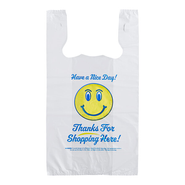 A white plastic Choice T-shirt bag with a smiley face.