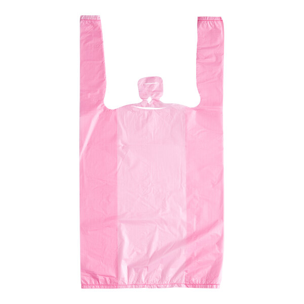 A pink plastic Choice medium-duty T-shirt bag with embossed handles.