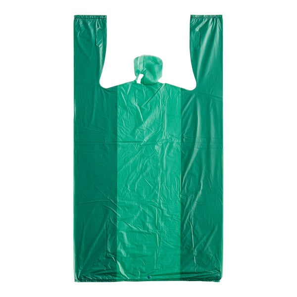 A green plastic Choice T-shirt bag with an embossed surface and handles.