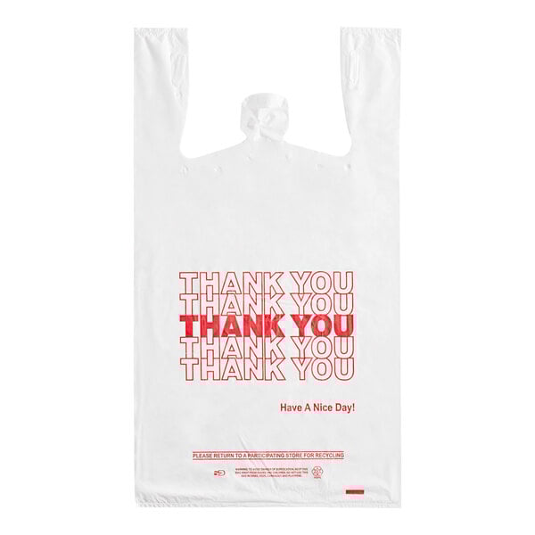 A white plastic Choice medium-duty plastic bag with red "Thank You" text.