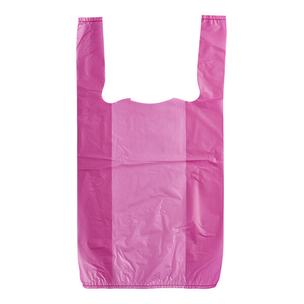 A purple plastic T-shirt bag with handles.