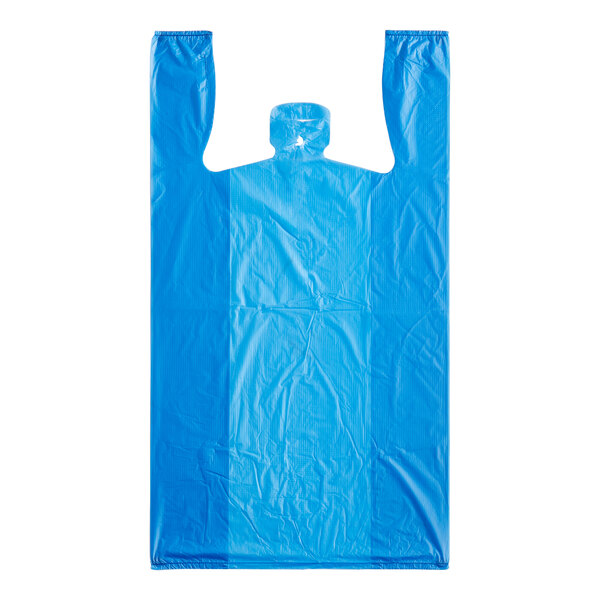 A blue plastic T-shirt bag with an embossed pattern and no handles.