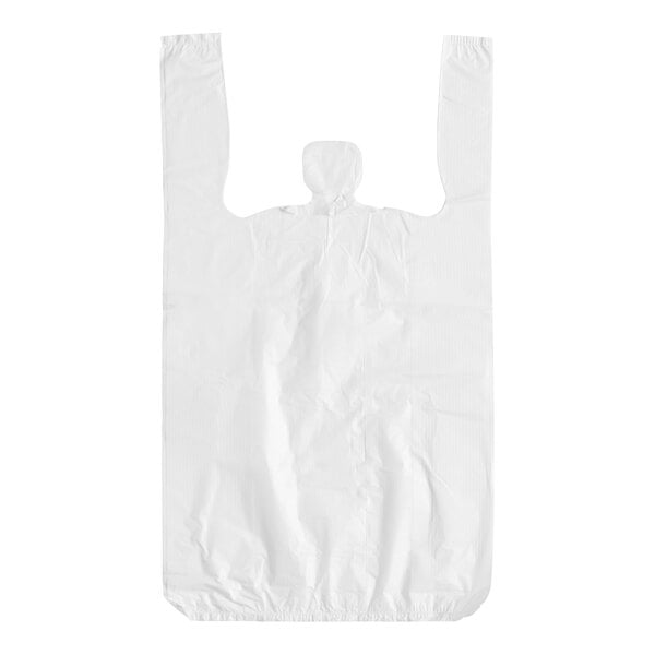 A white plastic bag with handles on a white background.