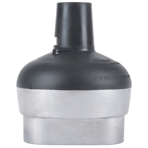 A black and silver metal cylinder with a black cap.