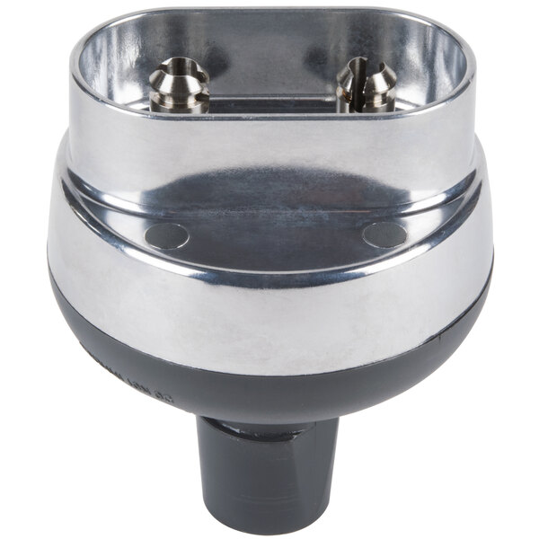 A silver and black Robot Coupe whisk attachment gearbox adapter with two holes.