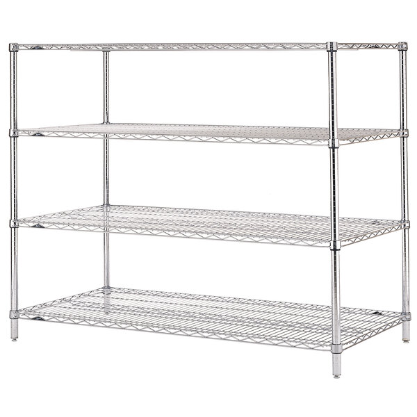 A Metro chrome wire shelving unit with three shelves.