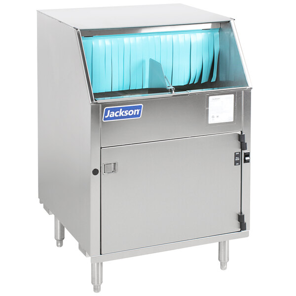 A Jackson underbar glass washer with a blue cover.