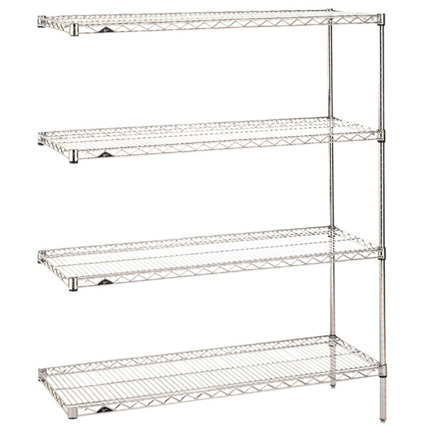 A chrome Metro Super Erecta wire shelving unit with four shelves.