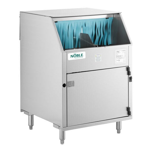 A stainless steel electric carousel type underbar glass washer with a front opening and blue internal curtains.