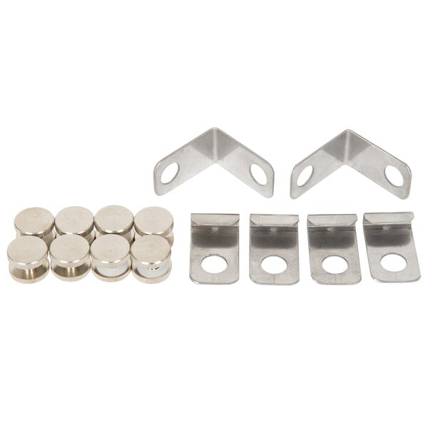 A metal corner for a curved glass sneeze guard with two holes.