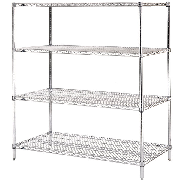 A Metro chrome wire shelving unit with three shelves.