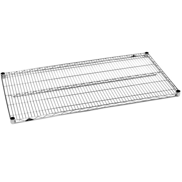 A Metro chrome wire shelving unit with metal shelves.