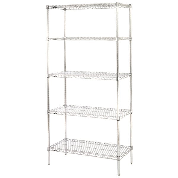 A chrome Metro wire shelving unit with four shelves.