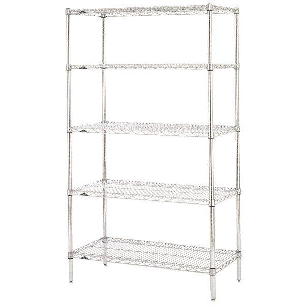 A Metro chrome wire shelving unit with four shelves.