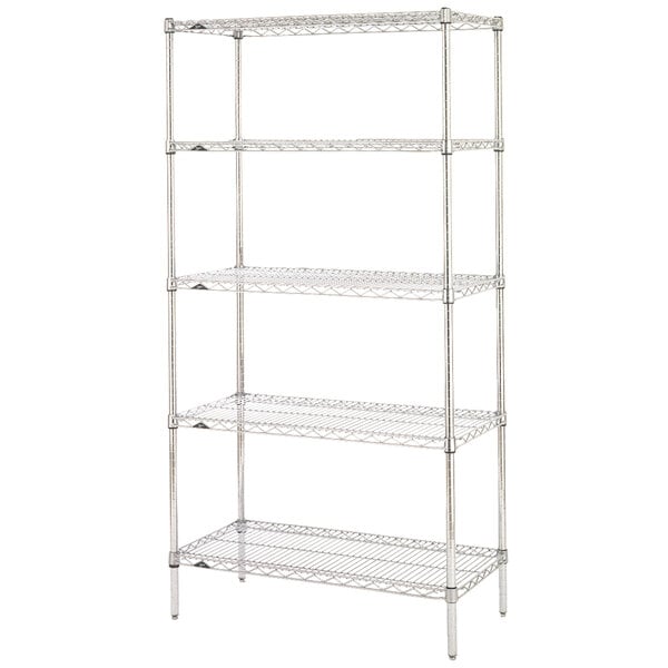 A Metro chrome wire shelving unit with four shelves.