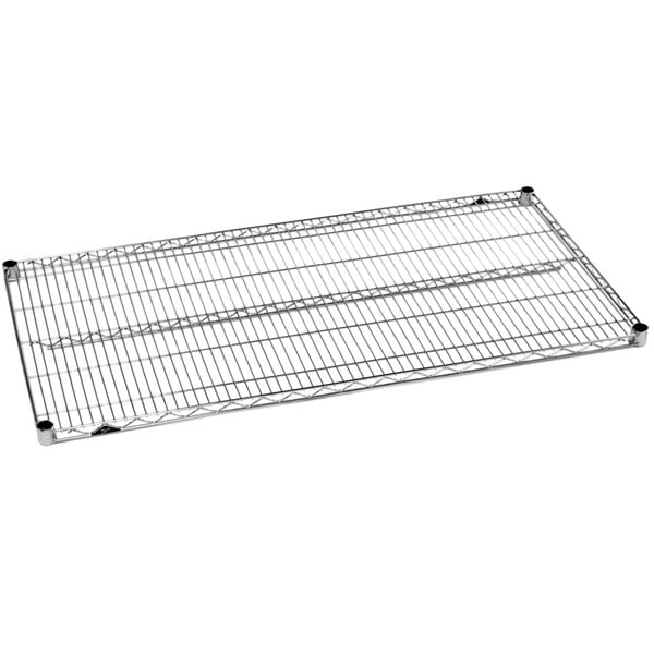 A Metro chrome wire shelving unit with black handles.