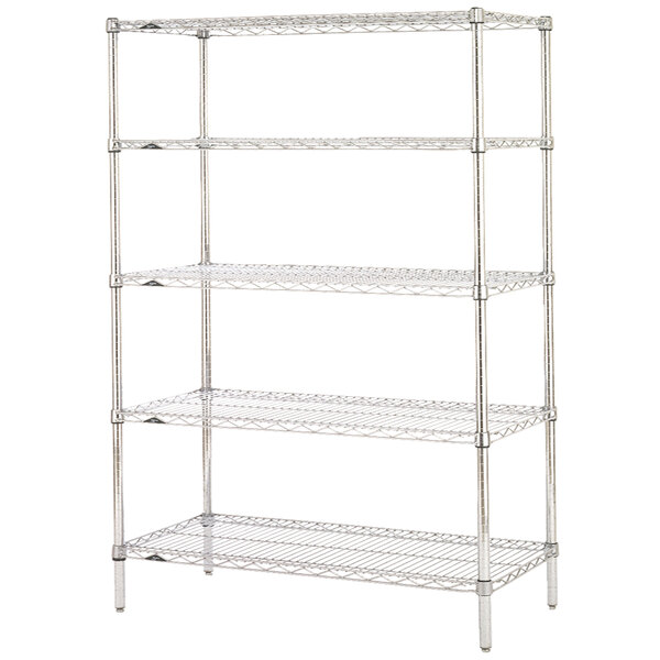 A chrome Metro wire shelving unit with four shelves.