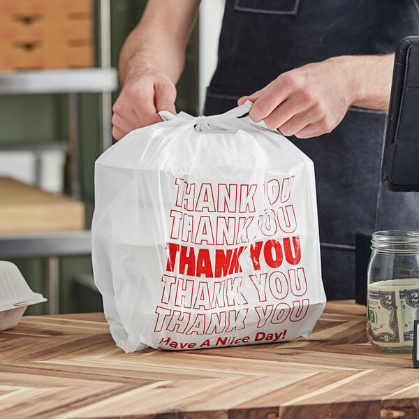 Choice 1/8 Size .51 Mil White Thank You Standard-Duty Plastic T-Shirt Bag  - 1000/Case