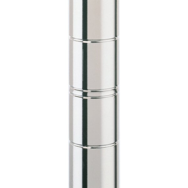 A chrome Metro Super Erecta wire shelving unit with a yellow cap on a silver cylinder.