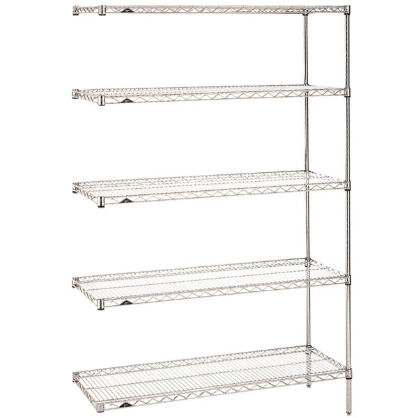 A chrome Metro Super Erecta wire shelving add-on unit with four shelves.