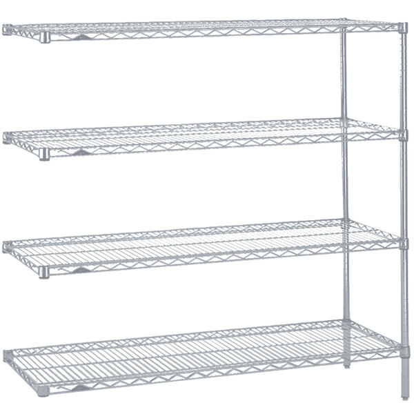 A white Metro Super Erecta Brite wire add-on shelf with three shelves.