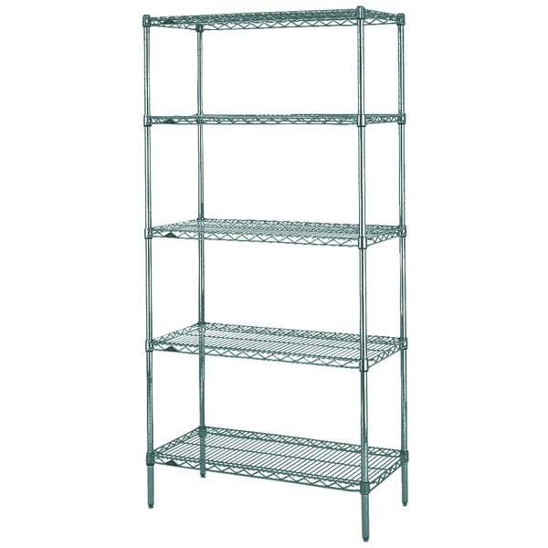 A Metroseal 3 wire shelving unit with four shelves.