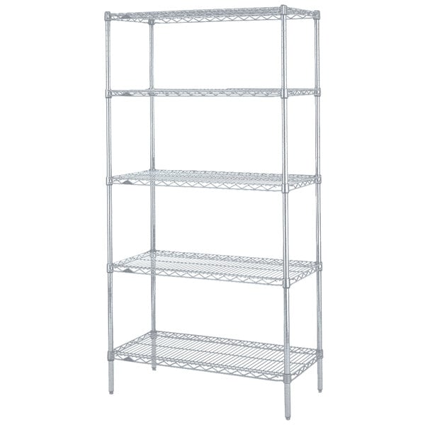 A Metro Super Erecta chrome wire shelving unit with four shelves.