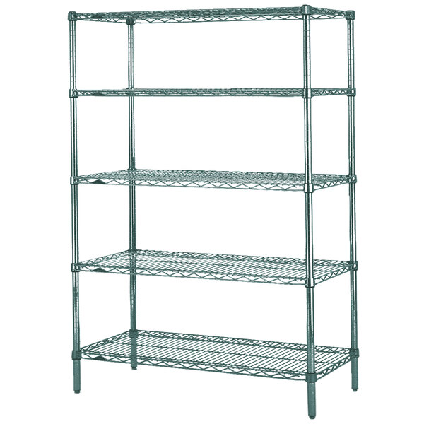 A Metroseal 3 metal wire shelving unit with four shelves.