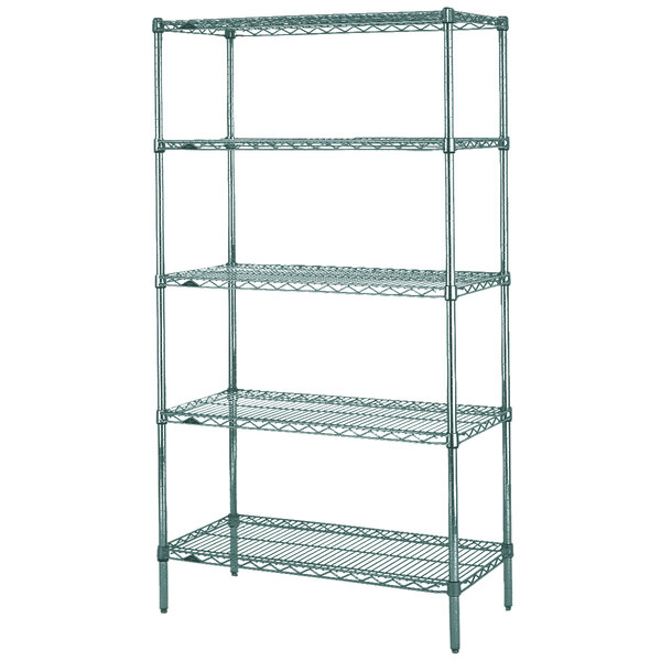 A Metroseal 3 metal wire shelving unit with four shelves.