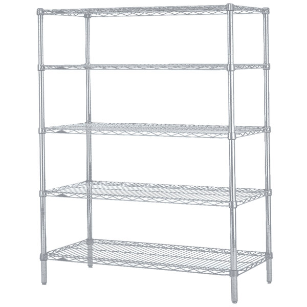 A Metro Super Erecta chrome wire shelving unit with four shelves.