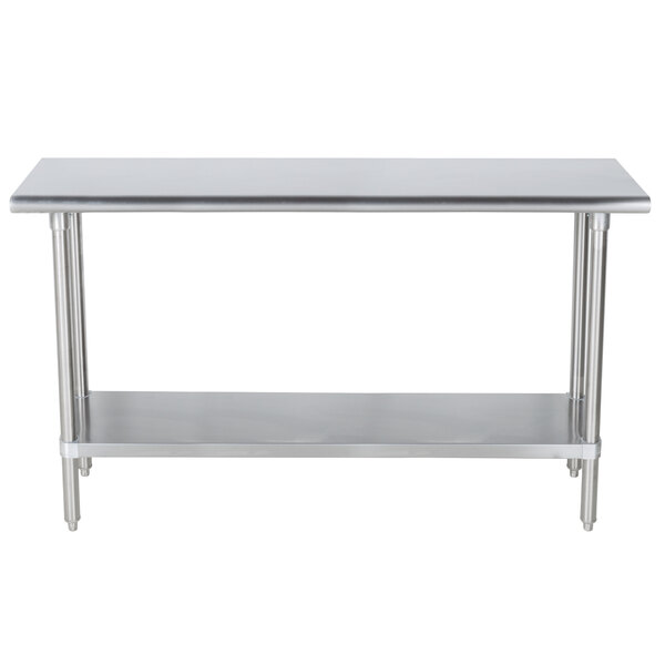 A stainless steel Advance Tabco work table with an undershelf.