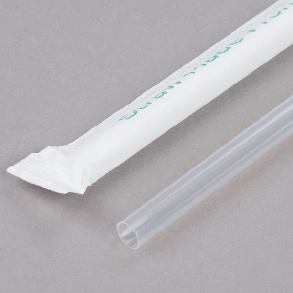 A clear plastic straw in a white paper wrapper with green Eco-Products writing.
