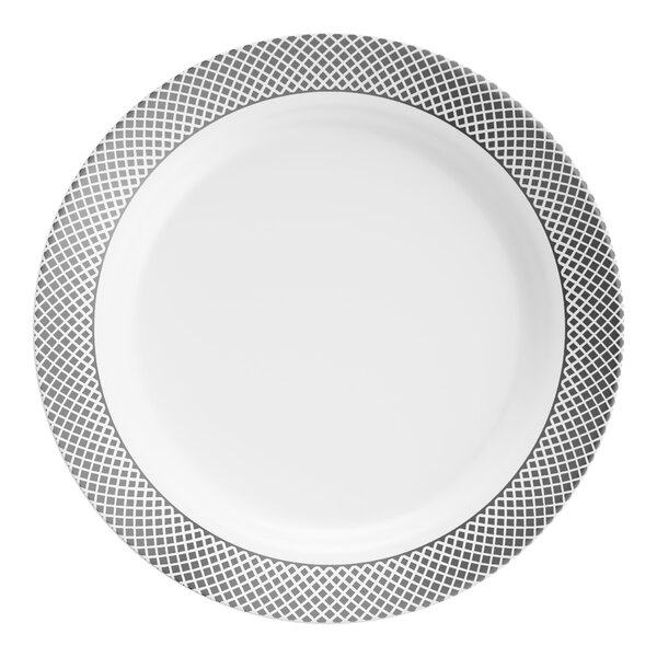A white plastic plate with a silver lattice design around the rim.