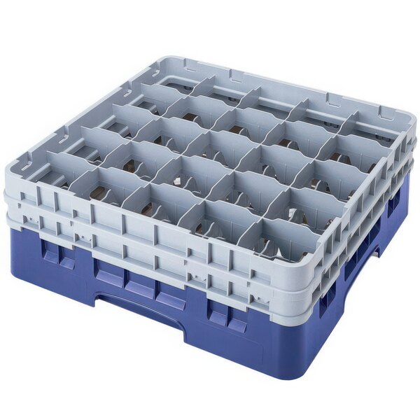 A blue Cambro plastic tray with 25 compartments and 6 extenders.