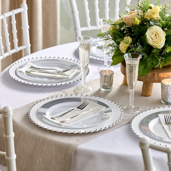 Visions Lattice 10" White Plastic Plate with Silver Lattice Design - 120/Case