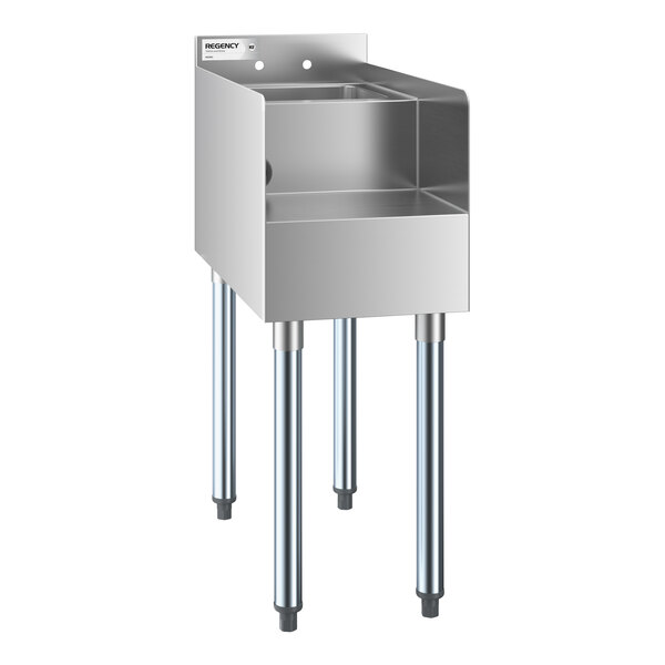 A stainless steel station with a small integrated sink and four metal legs.