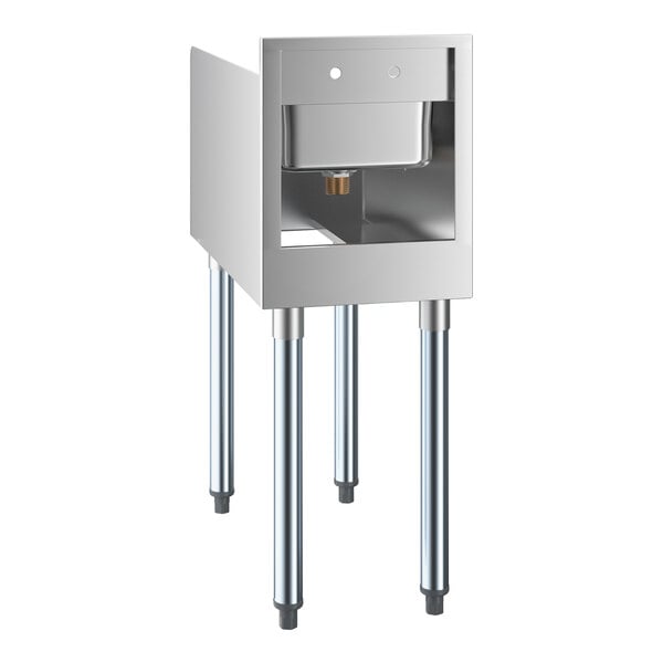 A stainless steel station with four legs, an open front, and a small integrated sink at the top.