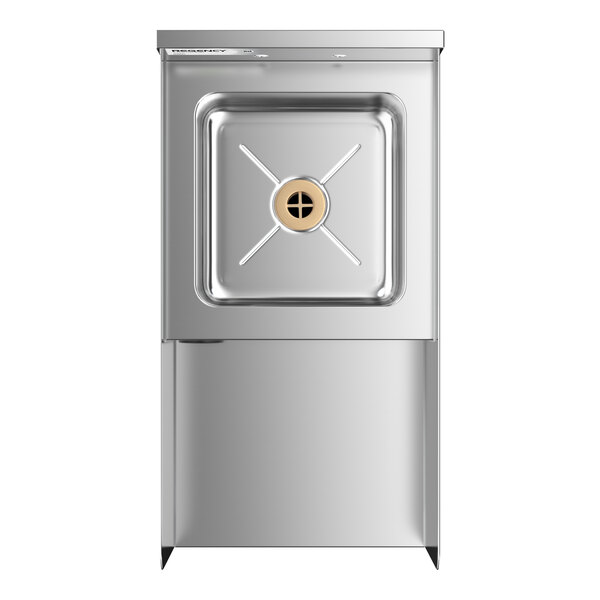 A stainless steel station with a square sink and a drain in the center, featuring a smooth, reflective surface and a lower cabinet section.